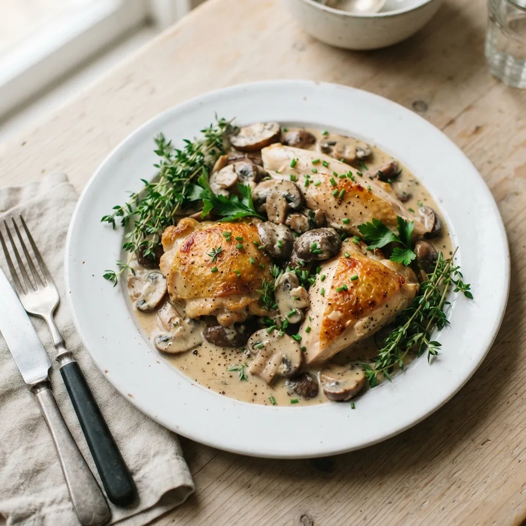 Un plat de terroir mayennais, volaille au cidre et champignons