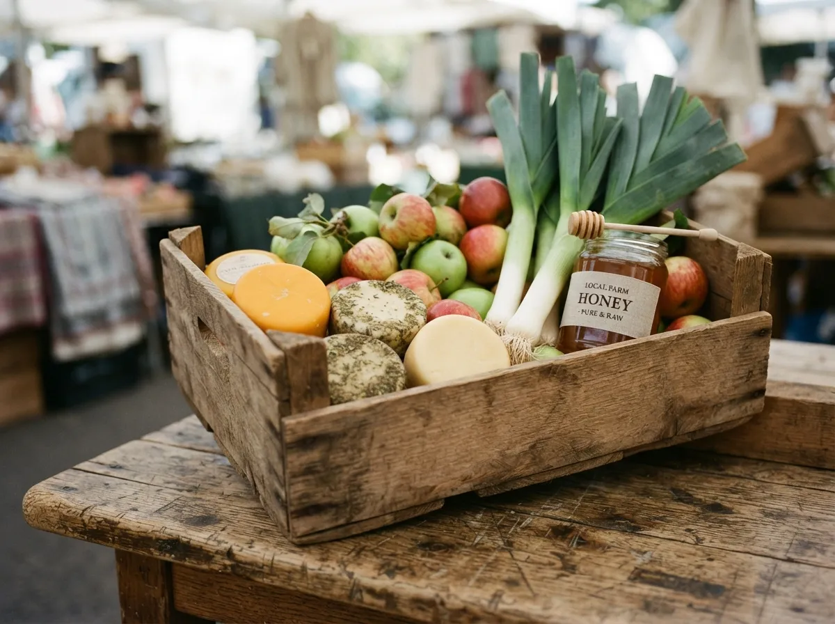 Un cageot de produits fermiers sur un étal de marché en Mayenne