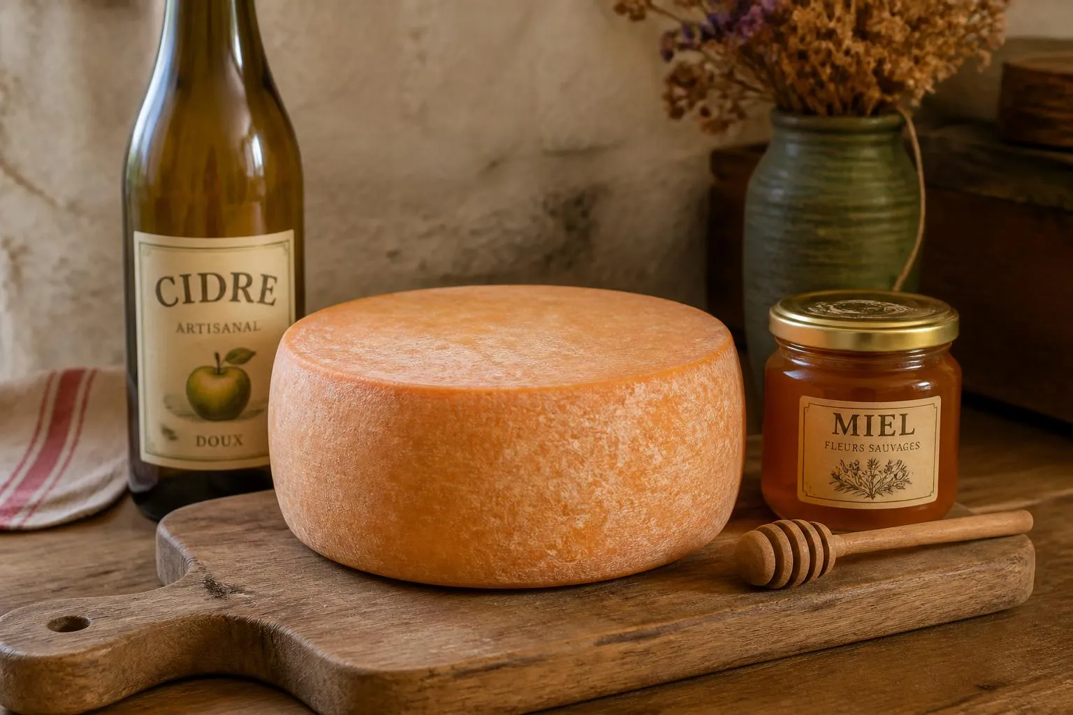une meule de fromage à croûte orangée posée sur une planche en bois, à côté d'une bouteille de cidre et d'un pot de miel